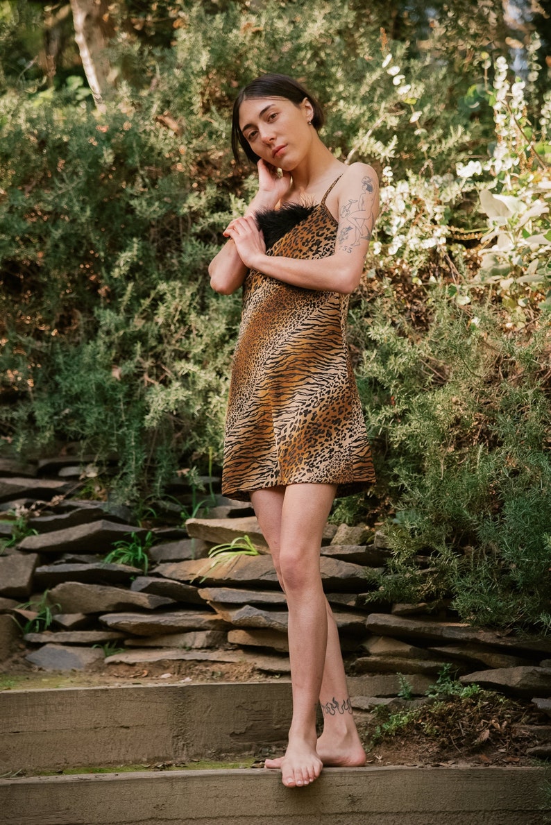 May include: A woman wearing a brown and black animal print mini dress with a fur trim. She is standing on a set of stone steps in front of a lush green background.
