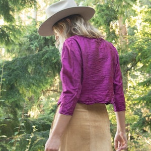 Vintage 80s Asymmetrical Purple Cropped Blouse, Textured Crinkle Top with Gold Buttons