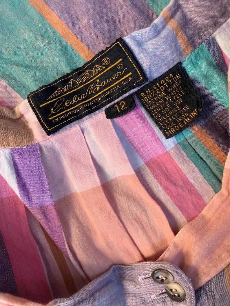 Eddie Bauer Plaid Skirt Pleated Rainbow Pastel Cotton Button Front Midi Skirt with Pockets Boho Prairie Picnic Skirt
