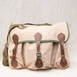 Vintage Leitz Camera Bag, 1970s Tan + Olive Canvas with Leather Buckle messenger Bag, Distressed Companion Crossbody Bag, Shoulder Bag