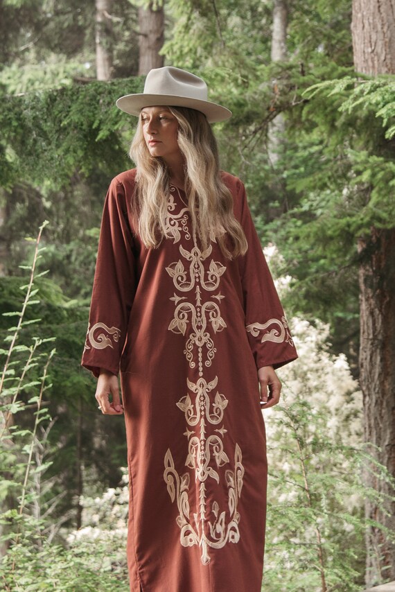 70s Embroidered Caftan Dress | Boho Hippie Brown … - image 5