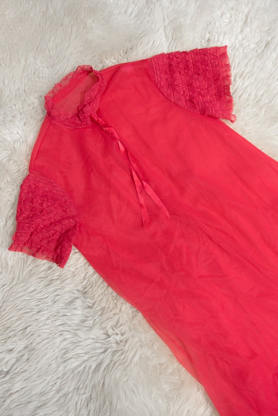 60's Vintage Peignoir, Ruffle Lace Red Nightie, S… - image 8