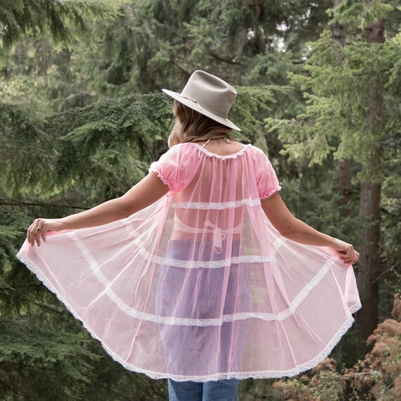 60's Peignoir Robe, Bubblegum Pink Sheer Lingerie
