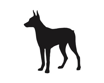 May include: Black silhouette of a Doberman Pinscher dog standing on a white background.
