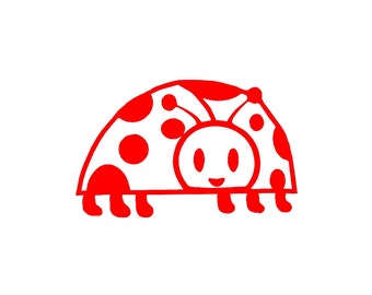 May include: A red ladybug with black spots and a smiling face. The ladybug is drawn in a simple, cartoon style.