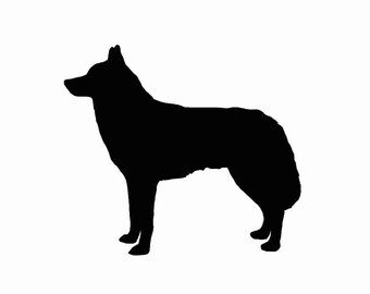 May include: Silhouette of a black dog standing on a white background. The dog is facing to the left and has its head turned slightly to the right.