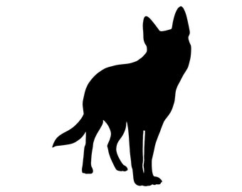 May include: Black silhouette of a German Shepherd dog standing with its head turned to the side.