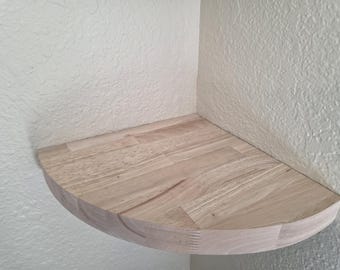 WHITE OAK Corner Floating Shelf: Round Display READY for Stain Shelf 1.5" thick