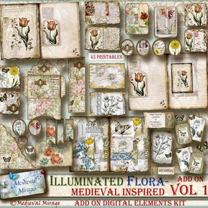 Gothic White roses Renaissance MEDIEVAL MONUMENTS-Castles Digital Junk Journal Kit 43 printables Illuminated Manuscript inspired,