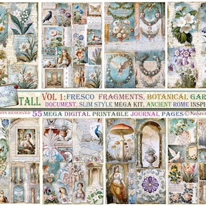 Puede incluir: Un kit de diario digital imprimible con 55 p&aacute;ginas que presenta una variedad de im&aacute;genes, incluyendo ilustraciones bot&aacute;nicas, frescos y arquitectura romana antigua. El kit se titula "Vol 1: Fragmentos de frescos, Jard&iacute;n bot&aacute;nico, Documento, Kit mega estilo delgado, Inspirado en la antigua Roma" y est&aacute; dise&ntilde;ado por Medieval Mirage.