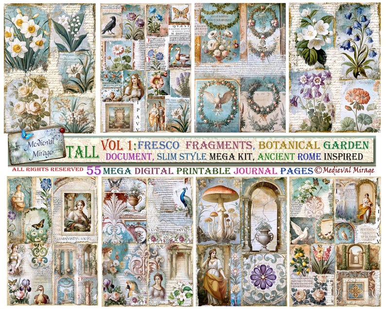 Puede incluir: Un kit de diario digital imprimible con 55 p&aacute;ginas que presenta una variedad de im&aacute;genes, incluyendo ilustraciones bot&aacute;nicas, frescos y arquitectura romana antigua. El kit se titula "Vol 1: Fragmentos de frescos, Jard&iacute;n bot&aacute;nico, Documento, Kit mega estilo delgado, Inspirado en la antigua Roma" y est&aacute; dise&ntilde;ado por Medieval Mirage.