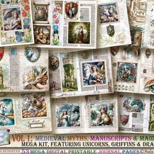 53 Digitals. Vol 1 Medieval Myths, Manuscripts & Maidens Printable Journal kit. Historical fantasy renaissance, unicorns, dragons, griffins.