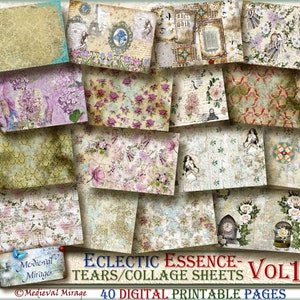 Vol 1-ECLECTIC ESSENCE-Tear/Collage sheets. 40 digital, decorative, journal printable, full size pages, lining, rustic background papers