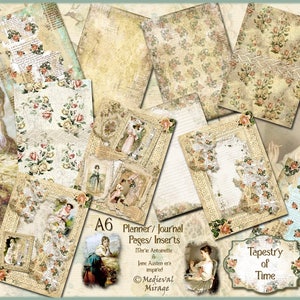 May include: A set of printable A6 planner or journal pages with a vintage aesthetic. The pages feature floral patterns, lace designs, and text in a faded, antique style. The text on the pages reads "A6 Planner/Journal Pages/Inserts Marie Antoinette & Jane Austen ere inspired © Medieval Mirage Tapestry of Time".