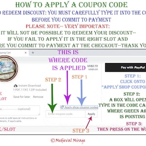 Puede incluir: Una captura de pantalla de una computadora que muestra c&oacute;mo aplicar un c&oacute;digo de cup&oacute;n en Etsy. La imagen muestra una flecha verde que apunta a un cuadro etiquetado como "Aplicar c&oacute;digos de cup&oacute;n de la tienda" y un cuadro de texto etiquetado como "Ingresar c&oacute;digo de cup&oacute;n". El texto en la pantalla dice "IMPORTANTE: PARA REDIMIR EL DESCUENTO: DEBE ESCRIBIRLO CON CUIDADO EN LA RANURA CORRECTA ANTES DE CONFIRMAR EL PAGO. TENGA EN CUENTA: MUY IMPORTANTE: NO SER&Aacute; POSIBLE REDIMIR SU DESCUENTO: SI NO LO APLICA EN LA RANURA CORRECTA Y ANTES DE CONFIRMAR EL PAGO AL MOMENTO DE LA COMPRA. GRACIAS."