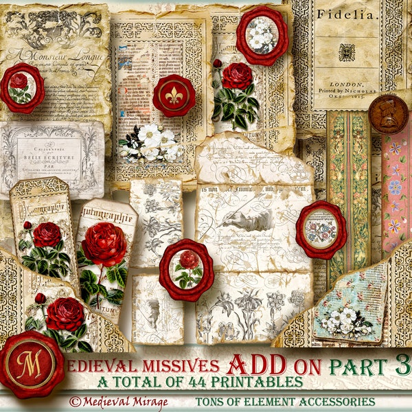 ADD On Part 3 MEDIEVAL MISSIVES-Digital Journal Ephemera Kit. 44 printables. Vintage, antique script, sketches, manuscript, wax seals, roses