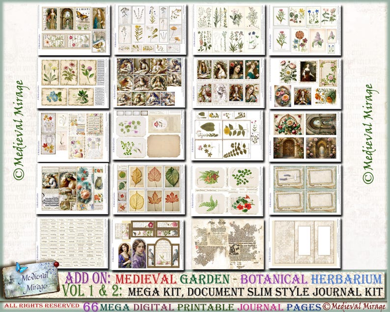 66 Digitals. ADD on for Vol 1 & 2 MEDIEVAL GARDEN Botanical, Herbarium