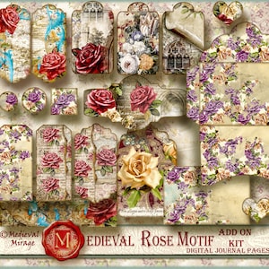 MIDDELEEUWSE ROOS Motief Add on Digital Junk Journal elementen Kit voor Volumes 1 & 2 - Antieke vintage rozen, romantische renaissance, gotisch kasteel