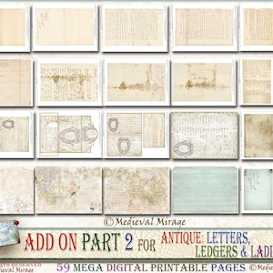 Puede incluir: Una descarga digital de 59 p&aacute;ginas imprimibles con letras antiguas, libros de contabilidad y damas. Las p&aacute;ginas son de estilo vintage con colores descoloridos y texto escrito a mano. El texto incluye las palabras "Medieval Mirage" y "Add On Part 2 for Antique: Letters, Ledgers & Ladies".