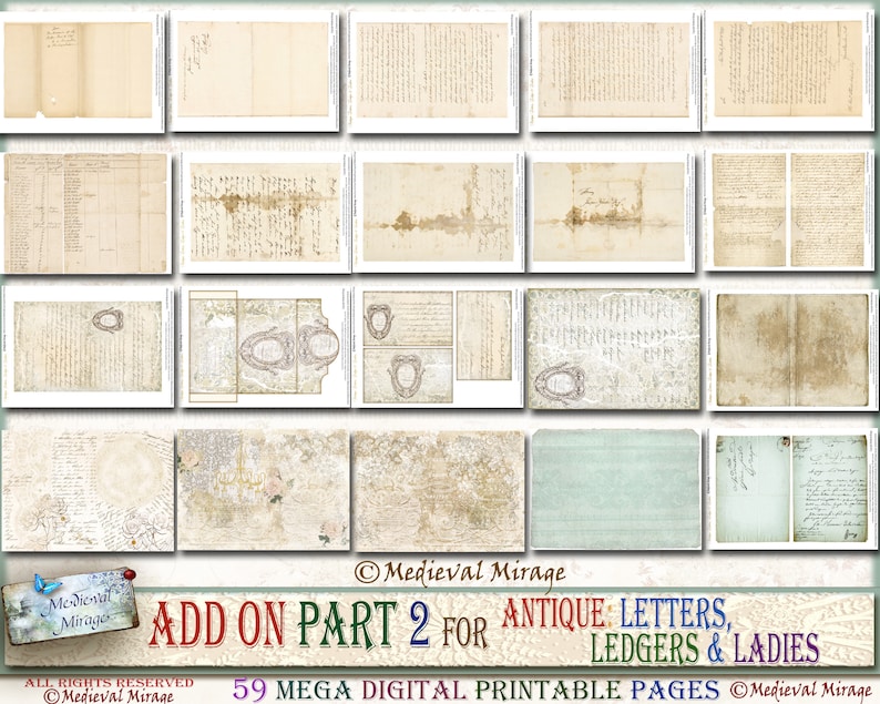Puede incluir: Una descarga digital de 59 p&aacute;ginas imprimibles con letras antiguas, libros de contabilidad y damas. Las p&aacute;ginas son de estilo vintage con colores descoloridos y texto escrito a mano. El texto incluye las palabras "Medieval Mirage" y "Add On Part 2 for Antique: Letters, Ledgers & Ladies".