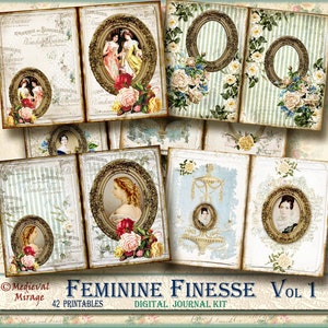 FEMININE FINESSE VOL 1 - Digital Junk Journal Kit. 42 Printables. Vintage ladies, Romantic Roses, Shabby Chic, Rustic Grunge, 5x7 pages.