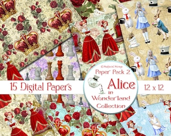 Alice in Wonderland Digital Paper Pack 2 Collection. White Rabbit. Mad Hatter. Tea Party. Scrapbook. Junk Journal Cards. Scrapbooking craft