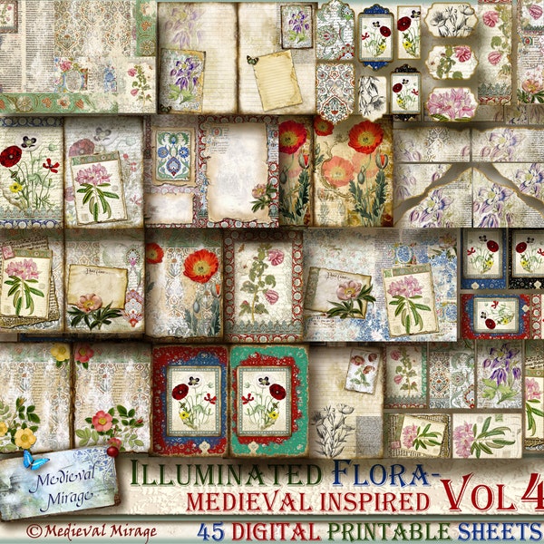 Vol 4- ILLUMINATED FLORA -Medieval Inspired. Mega Digital Journal Pages & Elements Kit. 45 printables, Antique floral, botanical manuscript