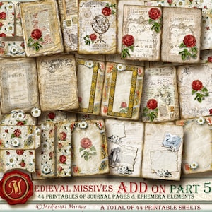 Puede incluir: Un conjunto de 44 páginas de diario y elementos efímeros imprimibles con un tema medieval. Las páginas presentan ilustraciones, texto y bordes de estilo vintage. Las imágenes incluyen rosas, un cisne, un globo terráqueo y un castillo.