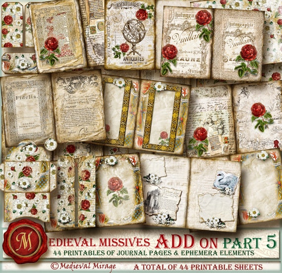 Gothic White roses Renaissance MEDIEVAL MONUMENTS-Castles Digital Junk Journal Kit 43 printables Illuminated Manuscript inspired,