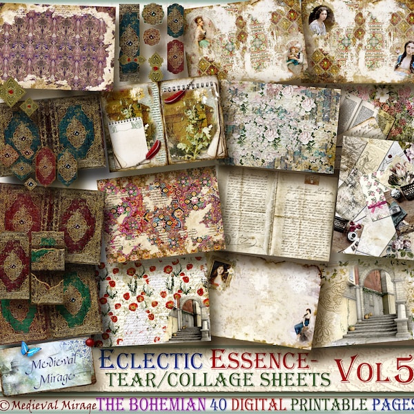 Vol 5-ECLECTIC ESSENCE-The BOHEMIAN- Tear/Collage sheets: 40 digital decorative, journal printables, ornamental, Moroccan, elements included