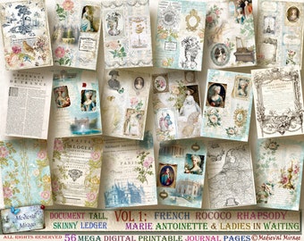 May include: A digital collage of 56 printable journal pages featuring a French Rococo theme. The pages include images of Marie Antoinette, ladies in waiting, and floral patterns. The text "Vol 1: French Rococo Rhapsody, Marie Antoinette & Ladies in Waiting" is displayed at the bottom of the image.