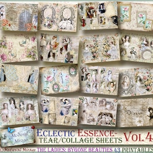 Vol 4-ECLECTIC ESSENCE-Tear/Collage sheets: The LADIES-Bygone Beauties. 43 digital decorative, journal printable, full size pages background