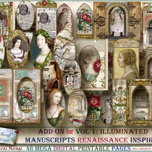 ADD ON for Vol 1: Illuminated Manuscripts- RENAISSANCE Inspired. 46 Printables- Mega Digital Journal Elements Kit, antique, gothic grunge