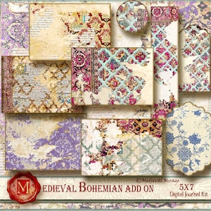 MEDIEVAL Boho Aggiungi il kit di elementi del diario spazzatura digitale. Boho ephemera. Arazzo, ricamo, zingaro, damasco, etichette, buste, angosciato