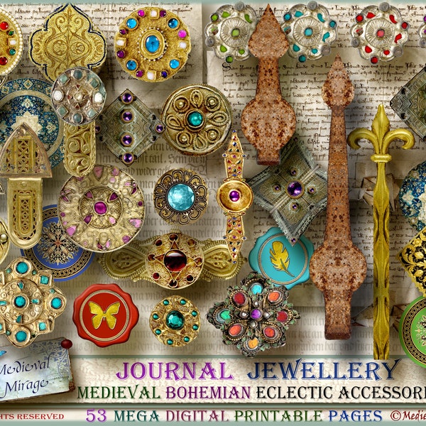 JOURNAL JEWELRY/Jewellery-DIY. Medieval Bohemian Decorative Accessories. 53 Digital printables & Bonus page. Cosplay. Create paper jewelry.