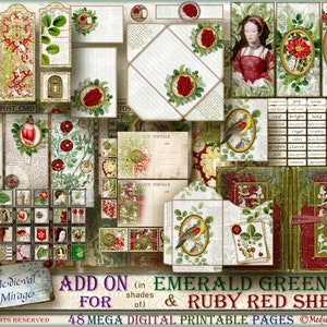 Pode incluir: Um pacote de papel digital imprimível com 48 páginas com um tema medieval. As páginas incluem imagens de pássaros, flores e uma mulher com um vestido vermelho. O texto "ADD ON (in shades of) EMERALD GREEN & RUBY RED SHEEN" está impresso na parte inferior da imagem.