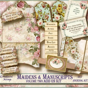 Vol 2 Complemento para o kit de diário de lixo digital MAIDENS & MANUSCRIPTS. 40 imprimíveis. Escrever páginas, rendas, etiquetas, shabby chic, rosas vintage
