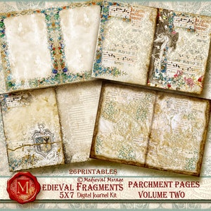 Könnte beinhalten: Ein digitales Journal-Kit mit 26 druckbaren Seiten, die mittelalterliches Pergamentpapier mit verzierten Rändern und verblassten Texten zeigen. Das Kit trägt den Titel "Medieval Fragments Parchment Pages Volume Two" und ist 5x7 Zoll groß.