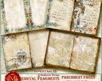 May include: A digital journal kit with 26 printable pages featuring medieval-style parchment paper with ornate borders and faded text. The kit is titled "Medieval Fragments Parchment Pages Volume Two" and is 5x7 inches.