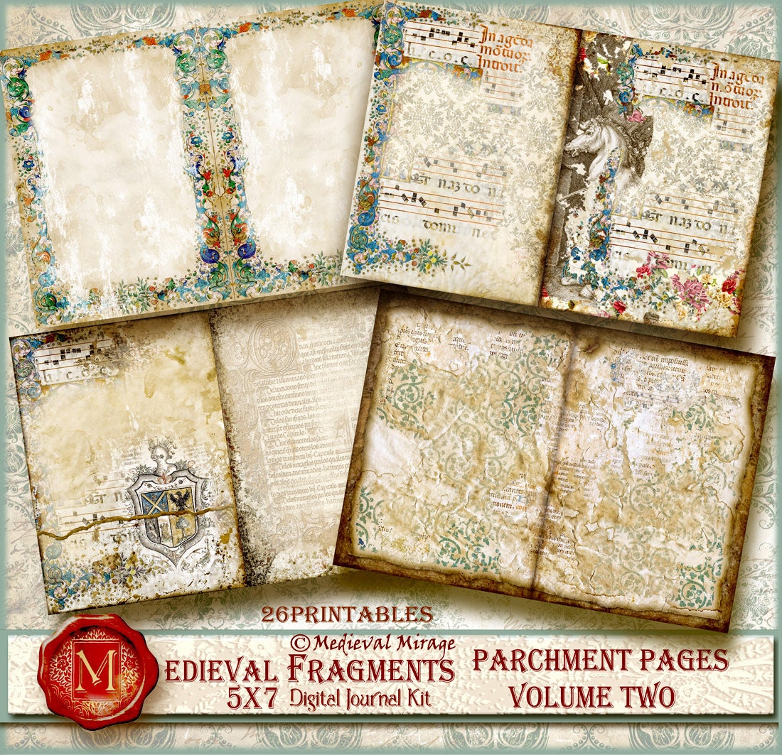 MEDIEVAL FRAGMENTS Vol 2 PARCHMENT Pages. 5 X 7 Digital Journal Kit. Paper  Refill. Illuminated Manuscript. Grunge. Distress. Script. Knights 