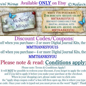 Puede incluir: Un gr&aacute;fico de c&oacute;digo de descuento para un kit de diario digital con un fondo vintage y una imagen de mariposa. El texto dice "Medieval Mirage" e incluye c&oacute;digos de descuento para la compra de 2 o m&aacute;s kits de diarios digitales y 4 o m&aacute;s kits de diarios digitales. Los c&oacute;digos de descuento son MMTHANKSYOU15 y MMTHANKSYOU. El texto tambi&eacute;n incluye las condiciones para aplicar los c&oacute;digos de descuento.
