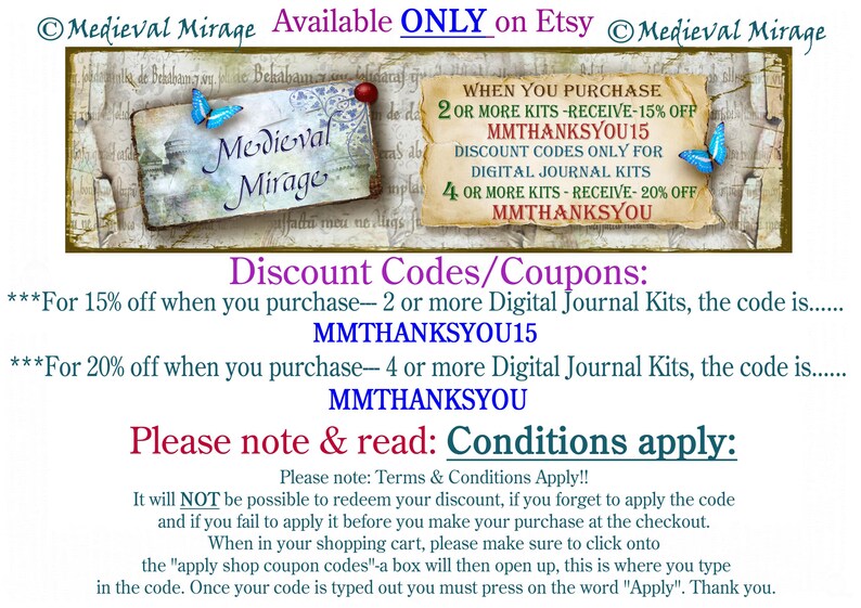 Puede incluir: Un gr&aacute;fico de c&oacute;digo de descuento para un kit de diario digital con un fondo vintage y una imagen de mariposa. El texto dice "Medieval Mirage" e incluye c&oacute;digos de descuento para la compra de 2 o m&aacute;s kits de diarios digitales y 4 o m&aacute;s kits de diarios digitales. Los c&oacute;digos de descuento son MMTHANKSYOU15 y MMTHANKSYOU. El texto tambi&eacute;n incluye las condiciones para aplicar los c&oacute;digos de descuento.