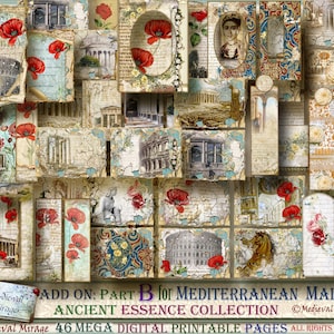 May include: A digital collage of 46 printable pages featuring vintage-style images of Roman architecture, flowers, and text. The collage is titled "ADD ON: PART B for MEDITERRANEAN MAIDENS ANCIENT ESSENCE COLLECTION" and includes the copyright information "Medieval Mirage".