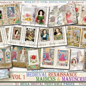 Vol 1: Medieval Renaissance Maidens & Manuscripts. 51 printable decorative pages. MEGA Digital junk journal kit. Historically inspired.