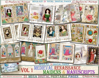 May include: A digital collage of 51 printable pages featuring medieval and renaissance-era illustrations. The images include portraits of women, floral designs, and handwritten text. The title "Medieval Renaissance Maidens & Manuscripts Vol 1" is displayed at the bottom.