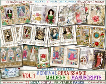 Vol 1: Medieval Renaissance Maidens & Manuscripts. 51 printable decorative pages. MEGA Digital junk journal kit. Historically inspired.