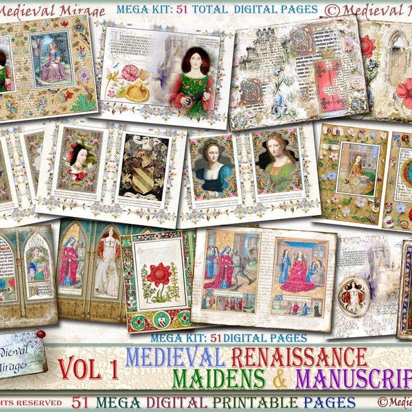 Vol 1: Medieval Renaissance Maidens & Manuscripts. 51 printable decorative pages. MEGA Digital junk journal kit. Historically inspired.