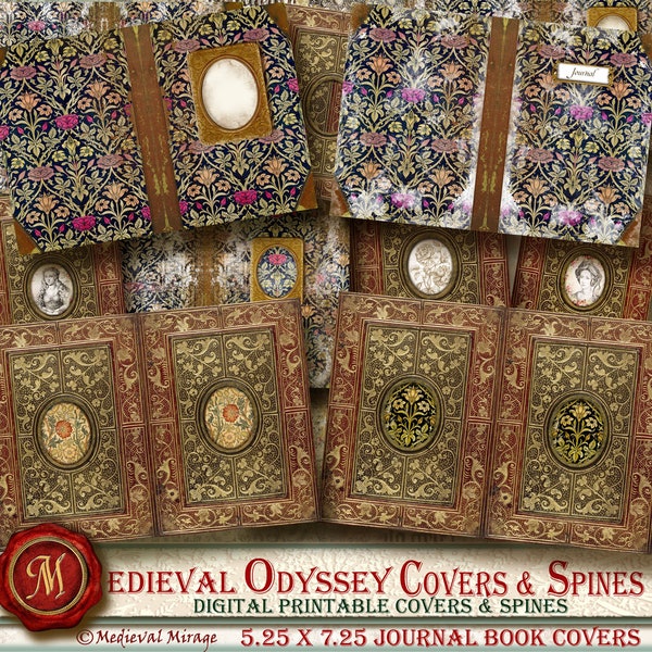 MEDIEVAL ODYSSEY -Digital Journal Book Covers, Spines & Accessories. 40 printables. 5.25x 7.25 inches. Antique tome, vintage, floral, ornate