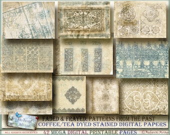 Vol 1-FADED & FRAYED: Patterns from the Past. 42 unique coffee/tea dyed journal papers, digital printable kit. Antique embroidery designs.