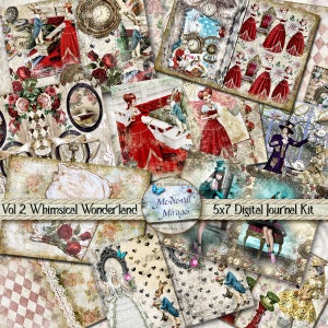Whimsical Wonderland Vol 2. Digital Junk Journal Kit. Printable. Alice in Wonderland. 32 pages. 5x7 Journal size. DIY journal, scrapbooking